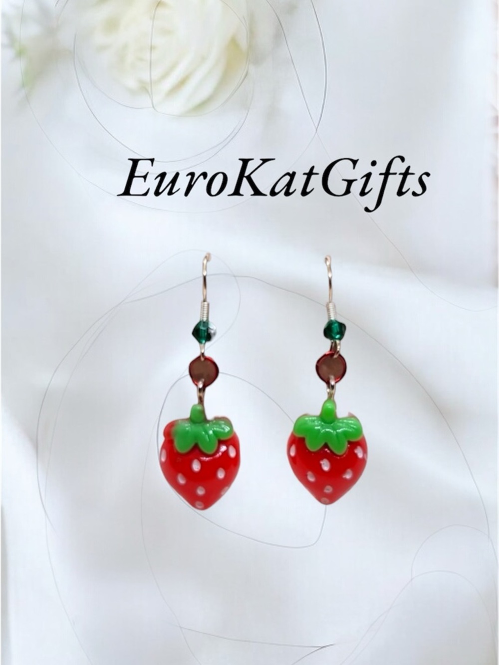 Playful Red Strawberry Drop Earrings with Green Leaf Accents NWT